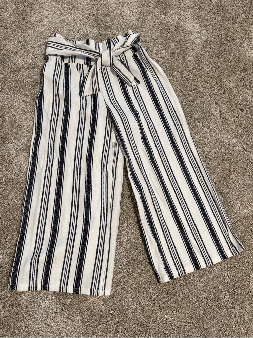 Girls Striped Wide-Leg Tie-Waist Pants - Cream & Black